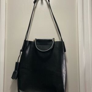 Building Block Black Leather Top Handle Bag with Shoulder Strap